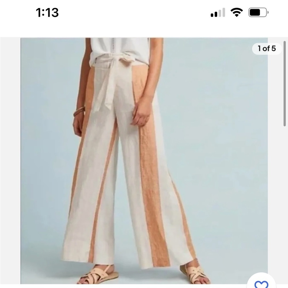 Ett:twa by Anthropologie orange stripe tie waist zip close 100% linen pants - Picture 16 of 16